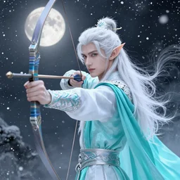 handsome pointy - eared male snow elf in a turquoise cape as an archer, albino skin, mid - shot, moonlight snowing, ethereal opalescent mist, winter vibes, perfect face, elegant, very coherent symmetrical artwork, by wenjun lin, krenz cushart, charlie bowater, trending on artstation