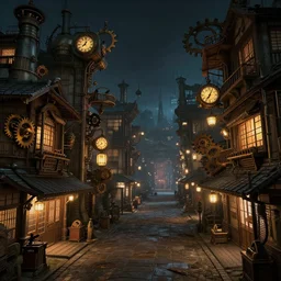 chinese japanese steampunk street at night, japanese steampunk houses with cogs lamps and clocks, cinematic art, concept art, darek zabrocki, noah bradley, artstation,