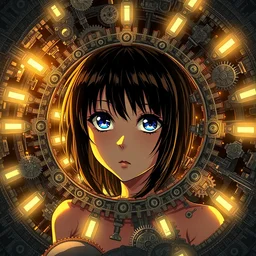 brutal high - contrast illustration of anime girl being consumed by an endless spiral of gears and industrial lights, decimated by the machine, beautiful upper body shot, pretty face and eyes by davinci, pixiv contest winner