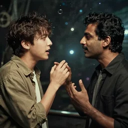 film still of jungkook talking passionately with himesh patel in cosmic horror! the musical by david cronenberg, horror sci fi, 3 5 mm film, atmospheric, ultra fine detail, film grain, photorealistic, dramatic lighting