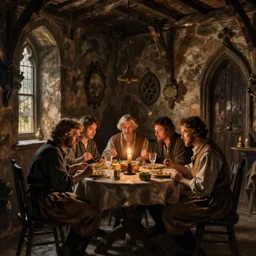 Peasants eat a meal in a candlelit, gothic home, painting by Caspar David Friedrich