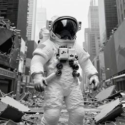 grayscale!!! american white spacesuit astronaut with oversized helmet in postapocalyptic abandoned destroyed times square, wrecked buildings, destroyed flipped wrecked cars, giant crater in distance, polaroid photograph!, specks, dirty, stains, dramatic dark imax color still