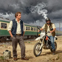 Gaston Bussiere painting of CJ and Big Smoke (GTA San Andreas) following a train on a dirtbike during stormy weather, lighting, dramatic, storm clouds rolling across the sky