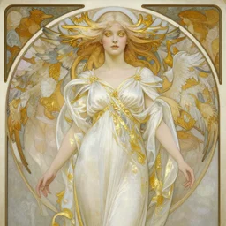 portrait of a beautiful ethereal woman with pale hair and gold eyes wearing a flowing white and gold gown surrounded by wing motifs, ilya kuvshinov, greg rutkowski, alphonse mucha, kay nielsen, regal, elegant, detailed, digital painting, concept art