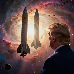 donald trump looks at a derelict rocket floating on the edge of a vibrant nebula!, debris, silhouette, close up, crepuscular rays, dramatic lighting, a strange alien being is floating in the wreckage!, cinematic, science fiction, octane render 4 k