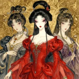 watercolor painting of avant - garde, beauty portrait of an asian bjd geisha vampire queen with a long neck in a victorian red dress painted by yoshitaka amano, daniel merriam, ayami kojima, intricate detail, artstation, artgerm, in the style of dark - fantasy, rococo, gold leaf art, victo ngai