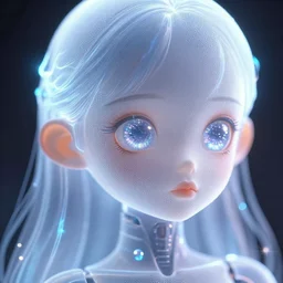 weta movie still very up close portrait, mesh render, of classy elegant sophisticated as a translucent cute cute dainty plastic cyborg girl ， big eye ， glittering light leaks, electromagnetic waves, by nixeu and guweiz weta, wlop, ilya kuvshinov, rossdraws, artgerm, anime, liosh, mucha