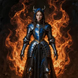 Gothic princess in dark and blue dragon armor. By Rembrandt painting (1667), fractal flame!!!!!!!!!!!!!!!!!, highly detailded