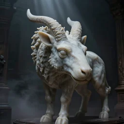 weird marble animal statue close up in a dark room, chimera, creepy and eerie athmosphere, mist, godrays, photorealistic, highly detailed, unreal engine