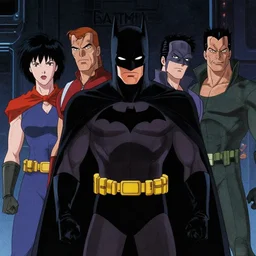 scene featuring character. a screenshot from an episode of the animated show'batmanbeyond'( 1 9 9 9 - 2 0 0 1 ) produced by alan burnett, paul dini, glen murakami, and bruce timm. film grain. matte painting. masterpiece. cel shading. dark color scheme. cyberpunk theme.