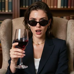 ultra high resolution close - up of a young business woman sitting in armchair in home library. 2 0 years old. camera is right in front of her. very symmetric face. she has serious expression. she is excited and sweating. sh is wearing make - up, expensive jewellery and sunglasses. she is holding a glass of red wine in her hand. the light is dim, and the colours