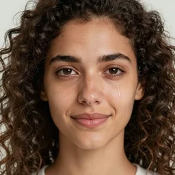 portrait photo of woman with curly hair, close - up shot, symmetrical face, symmetrical detailed defined eyes, sad smile, a water tear below the right eye
