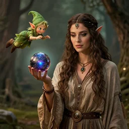 a fortune - telling gypsy, a magic ball in her hand, a small elf flying beside her