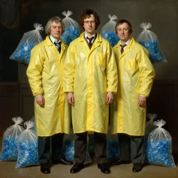 a beautiful full body portrait of heisenberg and jesse pinkman ( 2 people ) wearing a yellow plastic lab coat, hazmat, bags of blue crystals surrounding him, art by franz xaver winterhalter, highly detailed, elegant, jewlery, romanticism, rococo, neoclassicism, 1 8 5 0 s style painting, oil on canvas, vivid