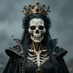 portrait of a beastly queen with skeletal features, particle effects, realistic, highly detailed, cinematic