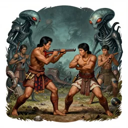 old photo of native filipinos fighting off aliens, detailed intricate illustration, dark atmosphere, detailed illustration, hd, 4 k, digital art, overdetailed art, complementing colors, trending on artstation, deviantart