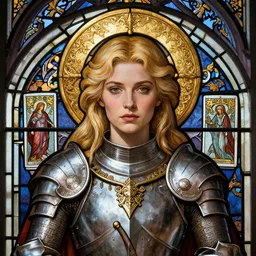 head-on symmetrical centered painted portrait, Elisha Cuthbert as a paladin, blonde hair, golden halo, ornate iron armour, art nouveau tarot, fantasy, gothic  stained glass, intricate, elegant, highly detailed, smooth, sharp focus, illustration, artstation, in the style of Artgerm and Anna Podedworna and Alex Ross and Mucha