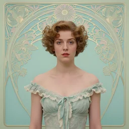 a beautiful lady, film still by wes anderson, depicted by balthus, limited color palette, very intricate, art nouveau, highly detailed, lights by hopper, soft pastel colors, minimalist