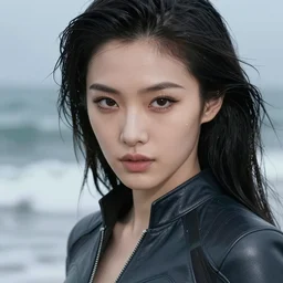 rolling, crashing waves, youthful asian blade runner demure, ultra realistic, 3 5 mm, exquisite features, feminine cut, pris mascara, highly detailed moist complexion, 2 0 4 9's frontiers in flight leather suit, detailed face, 8 k, misty, stephane sednaoui, ultra realistic, id magazine photoshoot