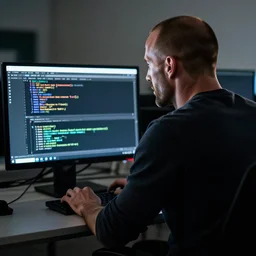 jason statham, backlit, from behind coding at computer, james jean, artstation 8 k