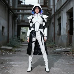 beautiful fashion model with white sci - fi tactical gear, black leather garment, hologram sci - fi hood, full shot fashion photography, alleyway, abandoned factory, battle ready, trashpunk, by irving penn and storm thorgerson, ren heng, peter elson