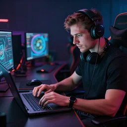 realistic successful man typing on laptop in gaming room, artstation trends, cyberpunk concept art, highly detailed, intricate, sharp focus, digital art, 8 k
