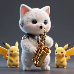 high quality 3 d render very cute fluffy cyborg!! cat plays saxophone, cyberpunk highly detailed, unreal engine cinematic smooth, in the style of blade runner & detective pikachu, hannah yata charlie immer, moody light, low angle, uhd 8 k, sharp focus
