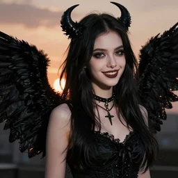 a studio professional portrait of a young pale goth girl, black wings, femme fatale, gorgeous face, aesthetically pleasing, beautiful facial expressions, friendly, cheerful, at golden hour, dusk, chiaroscuro, dark moody lighting, intricate digital art, hyperrealist, detailed, artgem, trending on artstation, fan art, by annie leibovitz and boris vallejo