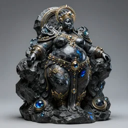 intricate detailed sculpture of futuristic obese cosmic space black empress, stone and glass, gorgeous, high contrast, blue gold and black