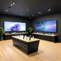 kurecolor marker pen drawing, artistic, masterful, atmospheric stylized lighting!!!!!!!!!! ( ( ( ( ( serious grounded balanced muted flagship samsung store, black walls. timber floor. low ceilings with spots. curved furniture, with large digital screen. display tables with phones and tablets, pots with plants, large digital screens on the walls ) ) ) ) )