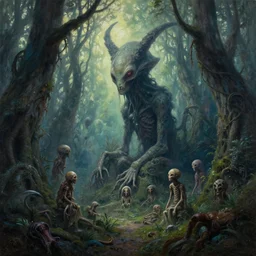 a cinematic masterpiece painting of exotic alien mystical gothic forest of despair and misery in bright sunlight, by Alex Grey, by Wayne Barlowe, by Paul Lehr, by Marc Simonetti, by Tim Hildebrandt, by Bruce Pennington, by Zdzisław Beksiński, oil on canvas, masterpiece, trending on artstation, featured on pixiv, cinematic composition, beautiful lighting, sharp, details, hyper-detailed, no frames, HD, HDR, 4K, 8K