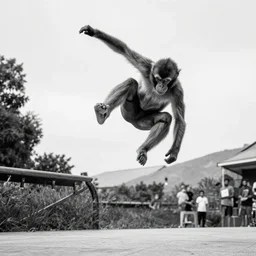 monkey doing a kickflip, bw street photography, by thrasher