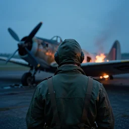 a photograph of a ww 2 airplane pilot from behind. in the background there is a burned down plane with smoke and fire. blue hour. nolan style. cinematic shot. detailed. hq. in - frame. imax. anamorphic film. anamorphic bokeh. helios 4 4 m.