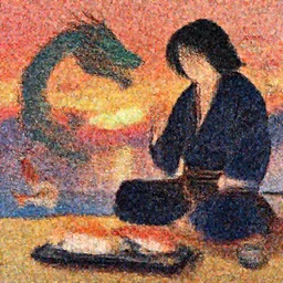 koi fish, dragon, sunset, samorai, eating sushi, gensha, ukiyo - e