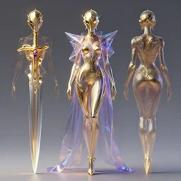 a full body character design by artgerm, greg rutkowski and alphonse mucha. sci - fi dagger. golden and bluish violet translucent plastic tape project show attctive showgirl!! sci - fi helmet!! sharp edges. contour light effect!!. ultra detailed, elegant, intricate, octane render.