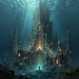 atlantide, the lost underwater city, cthulhu, intricate, elegant, glowing lights, highly detailed, digital painting, artstation, concept art, smooth, sharp focus, illustration, loneliness, great space, greg rutkowski, 8 k, very high resolution, astrophotography, processing, extremely hyperdetailed