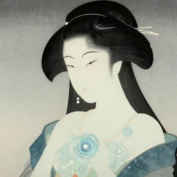 portrait of a beautiful ancient alien techno matrix beautiful goddess in style of shin hanga and kawanabe kyosa, trending on artstation