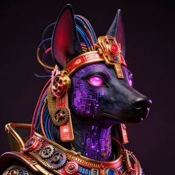 awardwinning photo of a steampunk anubis, the face is covered with purple glowing digital circuits, wearing a glowing red and golden metallic aztec diadem with multicolored cables and shiny metallic gears, 3 d render, crisp, 8 k, fluorescent colors, nikon photography