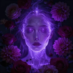 closeup portrait of an ethereal person made of purple light, divine, cyberspace, mysterious, surrounded by flowers, roses, dahlias, dark high-contrast concept art, trending on Artstation
