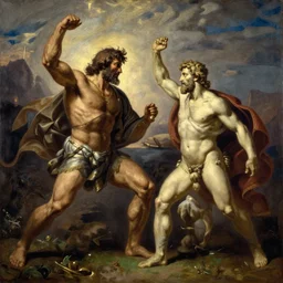 painting of goliath against david, leonardo dainvici style,