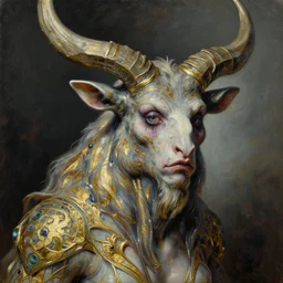 highly detailed sharp focus extremely hyperrealistic horrifying creepy 3 / 4 portrait oilpainting of minotaur lady mythical portrait by michael hussar in style of michael hussar and rene lalique artnouveau ceramic effect gild strips like ali franco's paintings 8 k