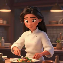 animation still frame of an attractive female chef ( long dark hair ) cooking a meal, closeup portrait, ( ( wholesome, ) ) blurry background of the kitchen of a highend restaurant, disney, pixar, bloom, medium shot, waist up, dramatic lighting, in the style of studio ghibli, j. c. leyendecker, greg rutkowski, artgerm