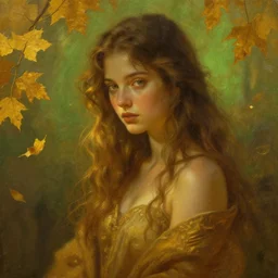 goddess of autumn. gold - green atmospheric lighting. detailed matte painting by greg rutkowski.