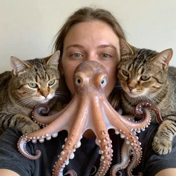 octopus and cats taking a selfie together, photorealistic