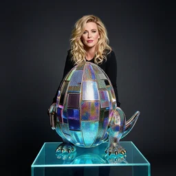 annie liebowitz portrait of a tron dinosaur egg made up of glowing electric plates and jewel pixels, sitting on a glowing glass pedestal. cinestill