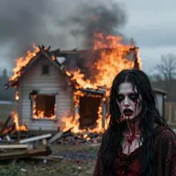 a photo of a house burning down in the background and bloodborne with an eerie expression in the foreground, strong depth of field