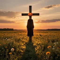 a witch with a pumpkin head nailed to a giant cross at sunset casting shadows across a field of flowers, beksinski, dariusz zawadzki