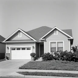 1 9 6 0 black and white photo of an ordinary 1 9 6 0 suburban house, garage, bushes
