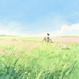 landscape, a girl, tall weeds, a bicycle, pigs, gentle gradients, sunlit, blue sky, japanese countryside. green and pink and blue, bright pastel watercolour, by shomei yoh