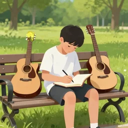 a boy sitting on a bench in the park writing in his notebook, a guitar is next to him on his bench, digital art